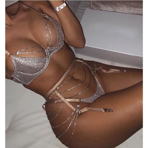 Europe Sexy Shiny Rhinestone Metal Bra Set Temptation Lace Women Underwear Hollow Push Up Bra+Through+Garter 3-piece Lingerie