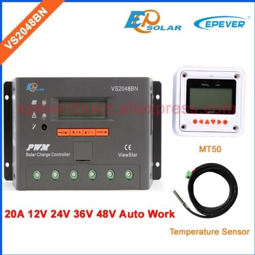 12v solar panel charge controller EPsolar brand VS2048BN PWM 48v 36v 20A 20amp sensor cable and white MT50