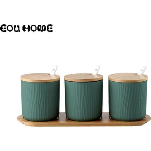 Creative Ceramic Storage Bottles Spice Jar with Bamboo Cover Salt Sugar Paprika MSG Seasoning Box Spice Tool Kitchen Accessories