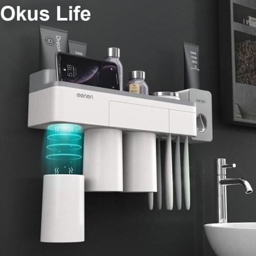 Magnetic Adsorption Toothbrush Holder Auto Squeezer Toothpaste Dispenser Inverted Cup Wall Mount Bathroom Cleanser Storage Rack