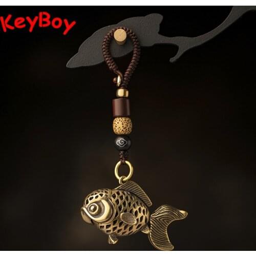 Copper Fish Keychain Pendant Vintage Brass Metal Lucky Animal Lanyard Key Chains Rings Bag Charms Handmade Braied Rope Hangings