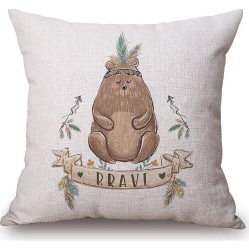 Bear Horse Eagle Cushion Cover Wild Brave Animals 45X45cm White Polyester Beige Linen Pillowcase Sofa Bedroom Decoration
