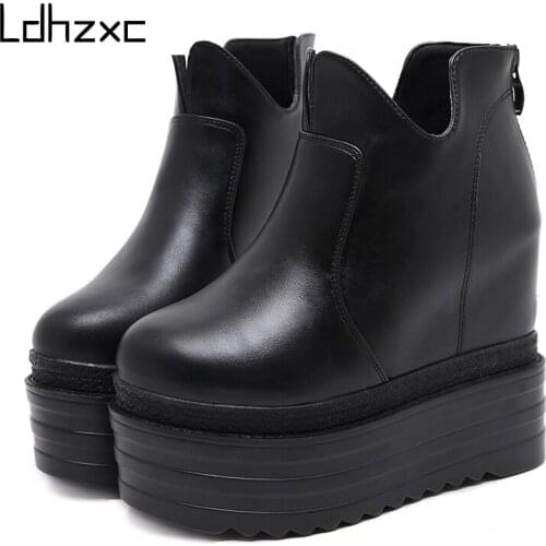 LDHZXC 2020 fashion Autumn Winter Short Boots Round Toe Wedges High Heels Female Ankle Boots Soft Leather PU Casual Ladies Shoes