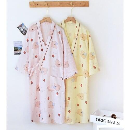 Ladies Pure Cotton Nightgown Spring Summer and Autumn Thin Section Robes Double-layer Gauze Seersucker Long-sleeved Bathrobe