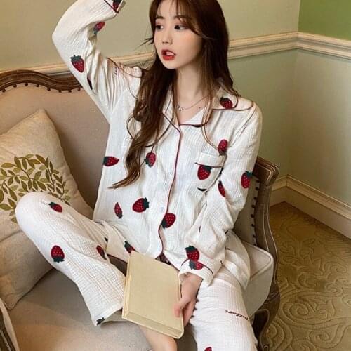 Autumn New Style Sweet Strawberry Printed Loose Cardigan Long Sleeve Pajamas Piece Female