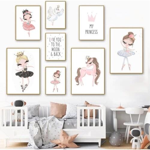 Pink Unicorn Art Poster Ballet Girls Canvas Painting Swan Print Nursery Wall Art Posters Nordic Wall Pictures Baby Room Decor
