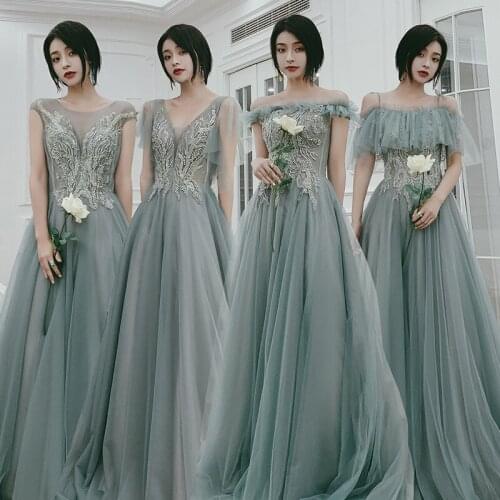 Bridesmaids Dress Illusion Floor-Length Sequined Beading Embroidery Off The Shoulder Luxury A-Line Women Wedding Party Gown E284