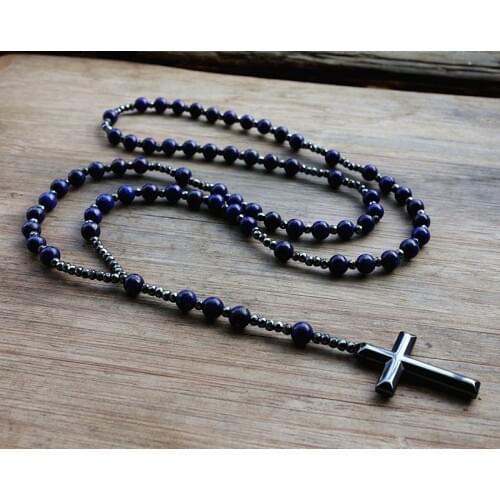6mm Lapis Lazuli stone bead & Hematite cross pendant necklace for Men Women Catholic Christ Rosary Cross Pendant