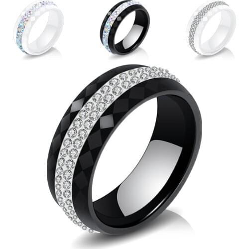 Romantic Clear Black Ceramic Ring With Clear Crystals Fashion Jewelry Luxury 8mm White Ceramic Rings For Women