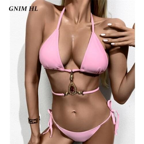 Sexy Diamond Rhinestones String Bikini Mujer 2021 2 Pieces Bandage Triangle Swimwear Women Low Waist Solid Brazilian Swimsuit