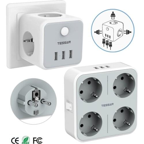Wall Power Strip with 3 USB Ports and Multi Sockets Portable Adaptor On Off Switch Electrical EU Plug for Home Office Travel