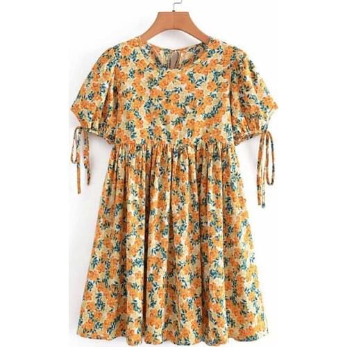 YENKYE Vintage Yellow Floral Print Dress Women O Neck Tie Cuffs Short Sleeve Summer Casual Ropa Mujer Plus Size Short Vestido