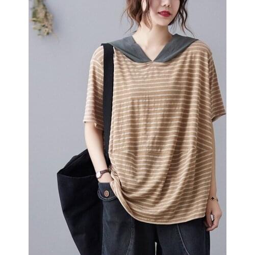 Women Summer Cotton Casual T-shirts New Arrival 2021 Simple Style Vintage Striped Loose Female Hooded Tops Tees S4011