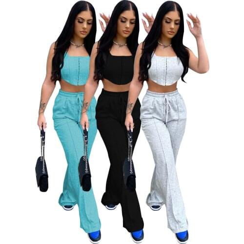 Womens Invisible Button Sleeveless Vest Loose Pants Two Piece Set Women Solid Color Tracksuit Top Pants Trouser Outfits Suits