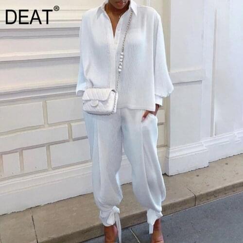 DEAT New Women Two-piece Suit Pencil Pants Solid Color Turn-down Collar Long Sleeve Solid Color 2021 Summer Fashion Tide 13Q733