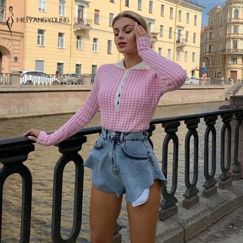 MEIYANGYOUNG Y2k Houndstooth Printed Jumpsuits Overalls Women One Piece Sweater Bodysuit Elegant Knitted Female Short Jumpsuit
