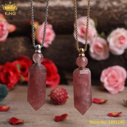 Natural Strawberry Quartz Hexagonal Point Perfume Bottle Pendant Necklace Women Gold Silvery Crystal Essential Oil Diffuser Gift
