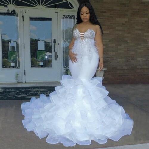 Plus Size Feather Wedding Dresses Bride Gowns 2021 Tiered Skirts African Lace Beading Nigerian Sweetheart Applique vestido de
