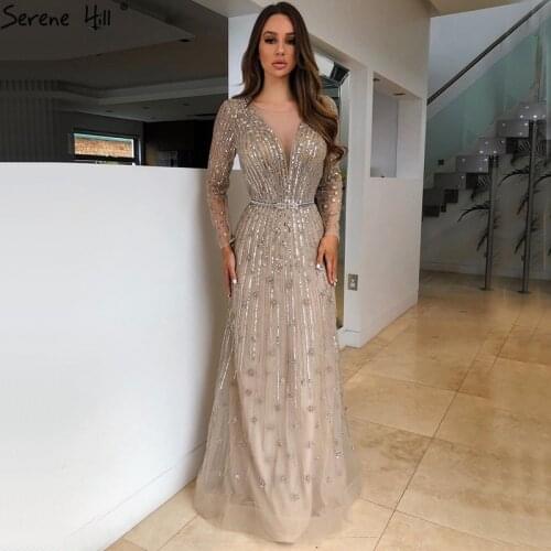 Gold A-Line Luxury Sexy Evening Gowns For Women Sparkle Beading Long Sleeves Formal Dress Party Night Serene Hill BLA70674
