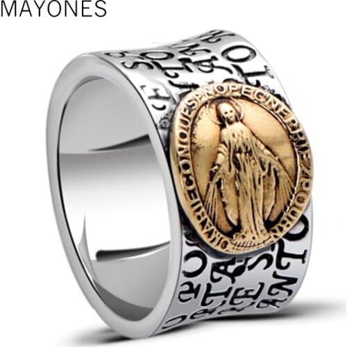 100% Real 925 Sterling Silver Virgin Mary Rings For Men Engraved Scriptures Pure Gold Color Fine Jewelry Best Gift For Mens