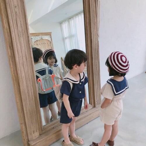 Japanese style Summer boys girls fashion kindergarten clothes sets kids cotton linen soft sailor collar T shirt and shorts 2pcs