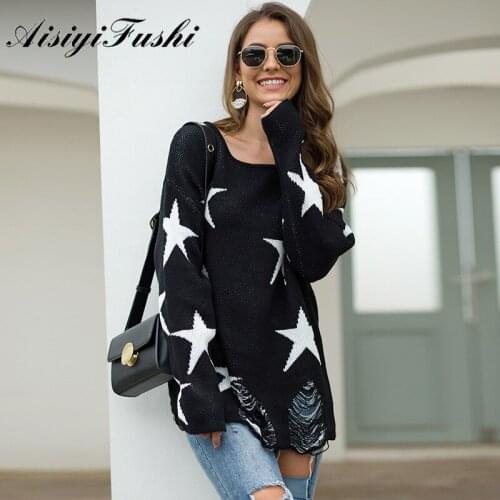 AISIYIFUSHI 2020 Autumn Women Fashion Womens Sweater Patterns Loose O-neck Hole Sweater Winter Woman Sweater Knitting Pullovers