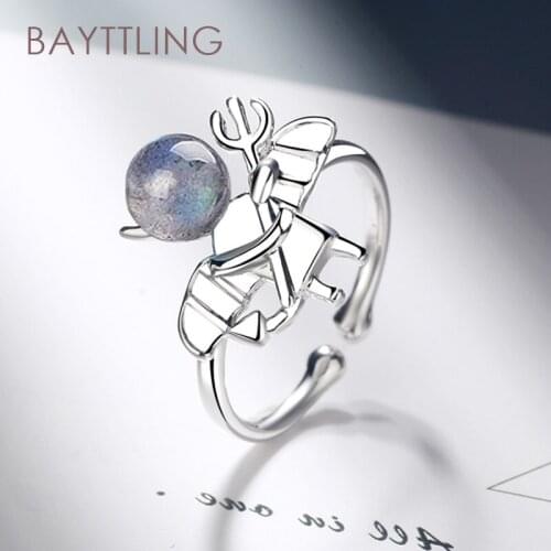 BAYTTLING 925 Sterling Silver Round Moonstone Alien Open Ring For Woman Fashion Wedding Gift Christmas Jewelry