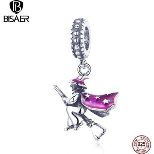 BISAER 925 Sterling Silver Mystery Magic Witch Charm Beads fit for Women Bracelets DIY Jewelry Making Hollywood Gift ECC914