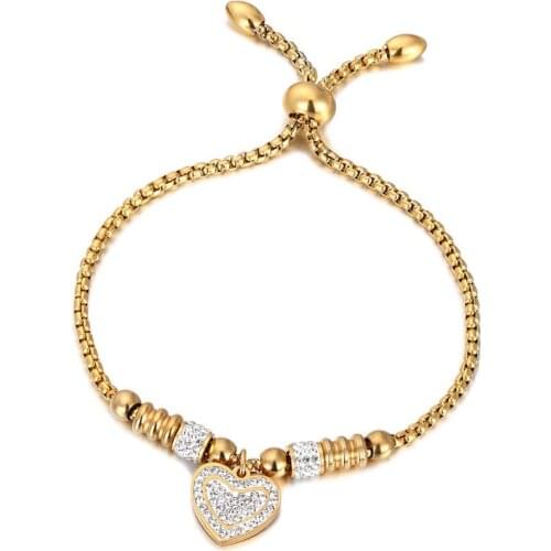 Adjustable Size Full Zircon Heart Charm Bracelet Stainless Steel Gold color Bracelet For Women Kids Best Christmas Birthday Gift