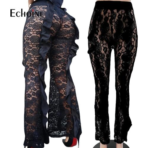 Echoine Black Sexy Hollow Lace Printed Casual Wide-leg Pants Woman Nightclub Party Summer 2021 Fashion Long Trousers Streetwear