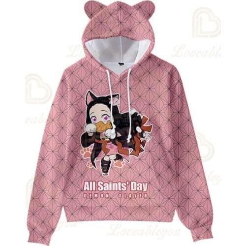 Demon Slayer Kamado Nezuko Kawaii Autumn Hoodie Cosplay Pink Hoodies for Kids Hooded Coat Cat Ear Jacket Halloween Party
