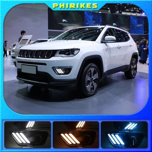 1 set LED DRL Daytime Running Lights 12V Fog Lamp Cover With turnning yellow signal Lamp For Jeep Compass 2017 2018 2019