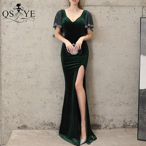 Emerald Green Evening Dress Long Velvet Party Dress Sequin Sleeves V Neck Formal Dress Ruched Shirred Hips Split Women New Dress