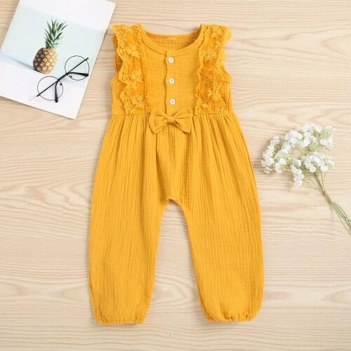 Summer Kids Siamese Trousers Solid Color Lace Trim Henley Neck Sleeveless Jumpsuit for Girls 2-6 Years 5 Colors