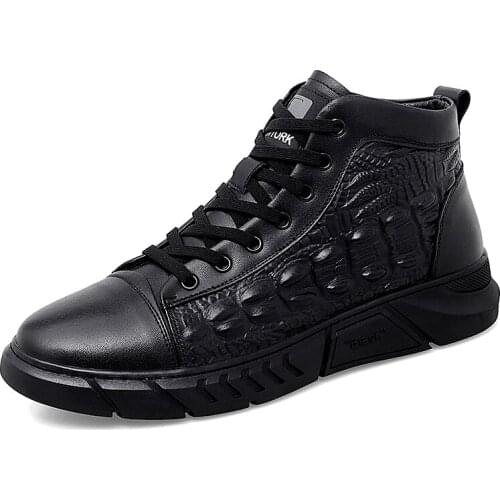 Mens Crocodile Pattern Leather Casual Shoes Winter with Fur Warm High Top Footwear for Male Fashion Trendy Youth Street Shoes