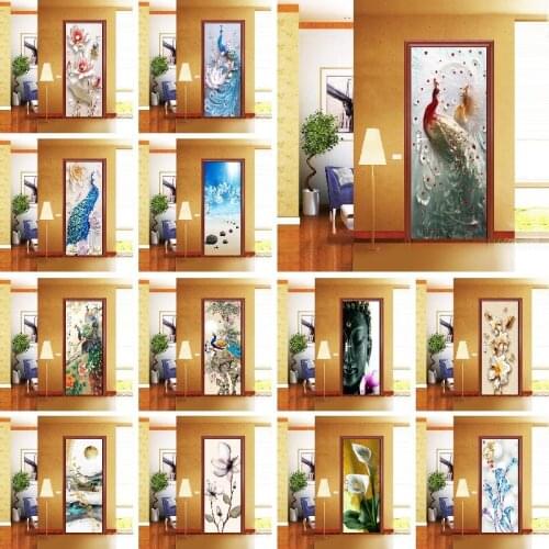 Door Stickers Decoration New Chinese Peacock Flowers Buddha Landscape Waterproof Room Door Old Door Wardrobe Renovation Sticker
