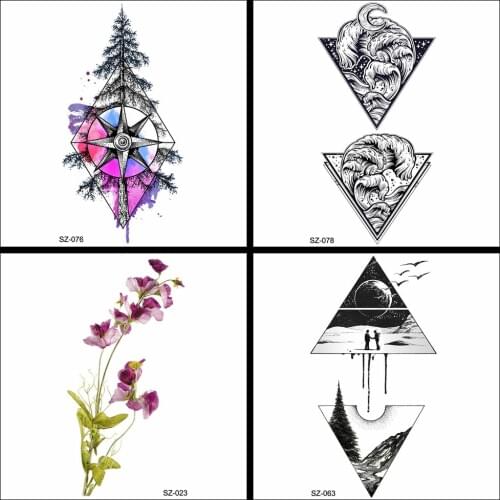 Geometric Compass Arm Tattoo Stickers Women Lemon Tree Temporary Tattoo Girls Makeup Morning Glory Fake Tatoos Men Triangle Wave