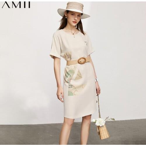 AMII Minimalism Summer Dresses For Women Fashion New Print High Waist Dress Elegant Round Neck Dresses Female Vestidos 12140096
