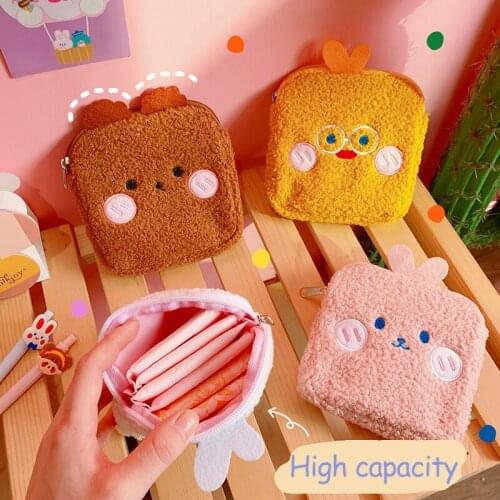 Portable Women Cartoon Plush Sanitary Towel Napkin Pad Tampon Bag Organizer Credit Card Holder Purse Makeup Sundries Storage Bag