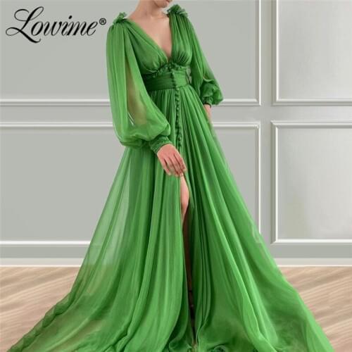 Robe De Soiree Chiffon Green Long Sleeves Evening Dresses 2020 Turkish Dubai A Line Formal Wedding Party Dress Cheap Prom Dress