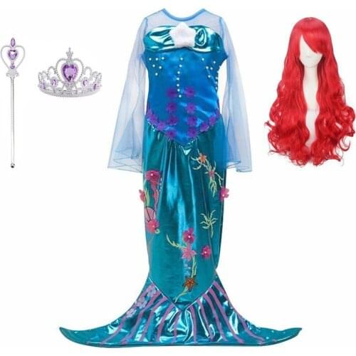 Luxury Sequin Mermaid Princess Dress Kids Girls Ariel Fancy Dress Up Halloween Costume Red Wig Accessories