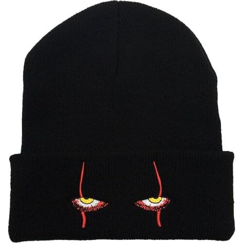 Unisex Winter Soft Outdoor Beanie Solid Color Knitted Hat Pennywise scary eyes Hood Hat for Kids Casual Outside Halloween Hats