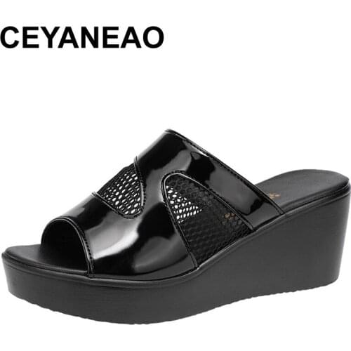 CEYANEAO Female Shoes Womens Slippers Outdoor Slides Med Fretwork Heels On A Wedge Platform 2021 Flat Fabric PU Rome Patent