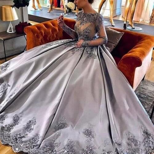 Amazing Silver Long Sleeves Ball Gown Quinceanera Dresses 2020 New Lace Appliques Formal Prom Evening Gowns Luxury Pageant Celeb