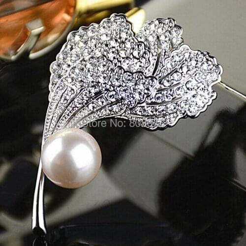 Vintage Stylish Ivory Pearl Pretty Leaf Brooch With Crystals Wedding Jewelry Pin Brooches