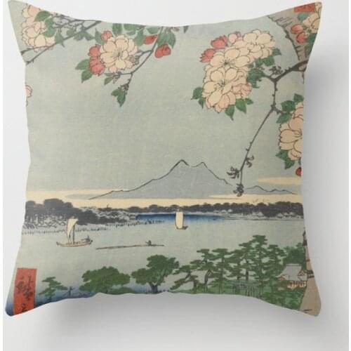 Cherry Blossoms on Spring River Ukiyo E Japanese Art Cushion Cover Decorative Pillow Cover Case Seat Home Decor Throw Pillowcase