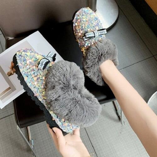 Women Winter Shoes Glitter Short Boots Female Plush Warm Ankle Boots Ladies Flat Furry Womens Bling Bowtie Zipper Shoe Fashion