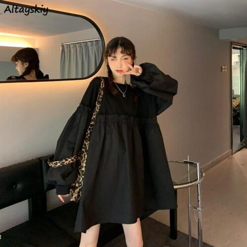 Dresses Women Preppy Style Spring Loose Solid Ladies A-line Students Trendy All-match High Street Full Sleeve Knee-length Causal