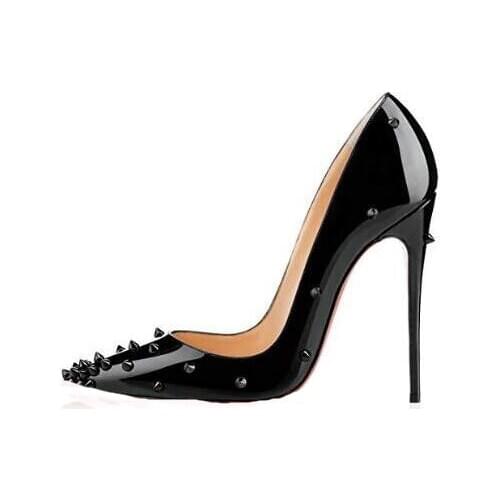 Newest patent leather rivets studded high heels for woman 2018 sexy pointed toe black thin heels shoe lady pumps
