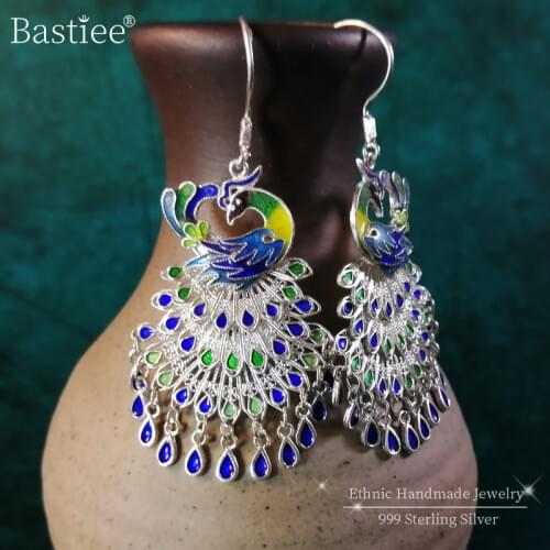 Peacock 999 Sterling Silver Drop Earrings For Women Tassel Dangle Earring Blue Vintage Cloisonne Enamel Jewelry Handmade Ethnic